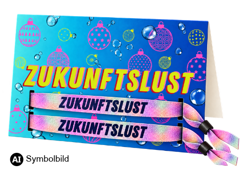 Symbolbild einer ZUKUNFTSLUST-Weihnachtskarte mit zwei Festival-Armbändern